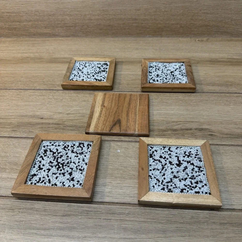 Boho Wooden Square Coasters Black White Glass Bead Mosaic Inlay Set of 4 MCM